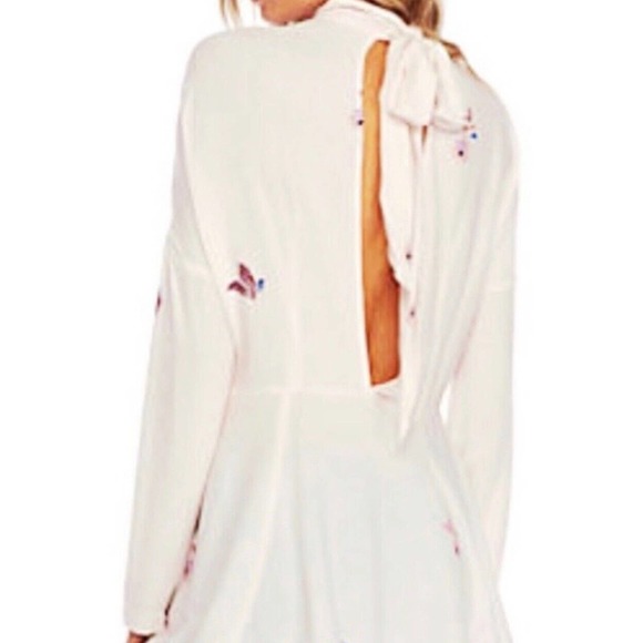 Free People Gemma Tunic Mini Dress‎ Ivory LARGE Floral Mock Neck Keyhole Back - Picture 4 of 16